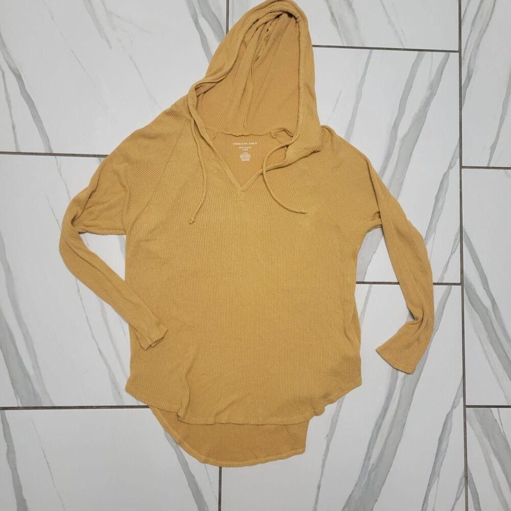 American Eagle Mustard Yellow Ribbed Hooded Top Fall Hoodie